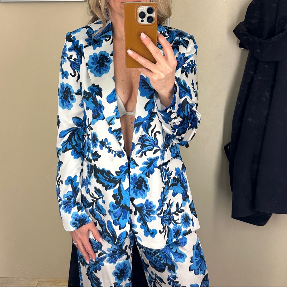 Christian Lacroix Blue White Floral Pant Suit Lined Blazer Womens Small NWT